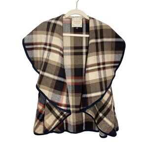 ALTAR'D STATE WOMEN'S NAVY/TAN PLAID WATERFALL SHAWL COLLAR VEST SZ M